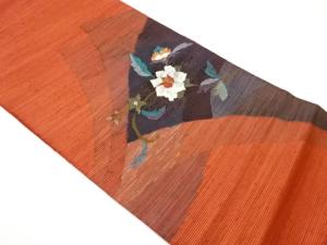 都製　手織り紬紙布花唐草に抽象模様織出し袋帯